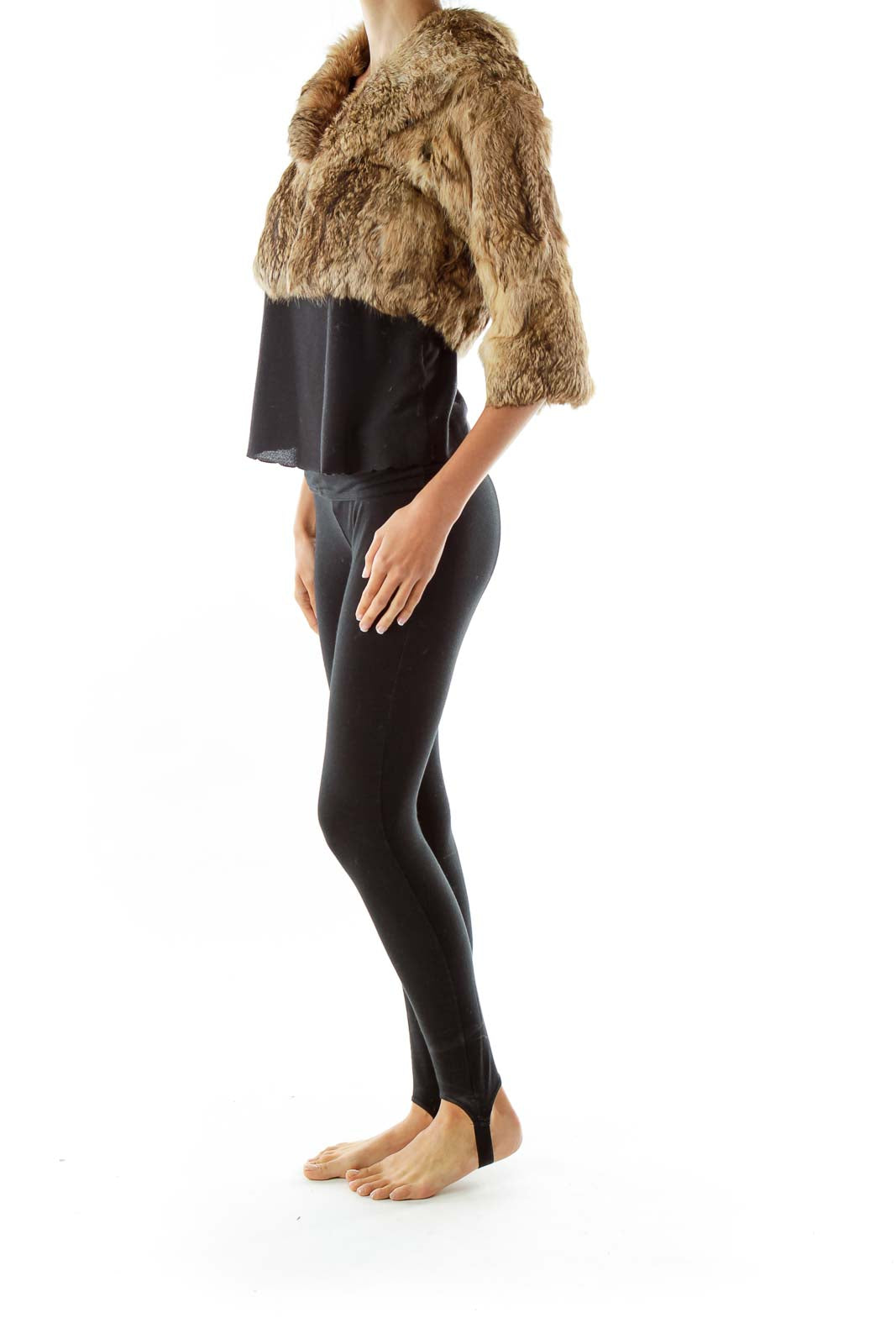 Brown Collared Cropped Rabbit Fur Jacket