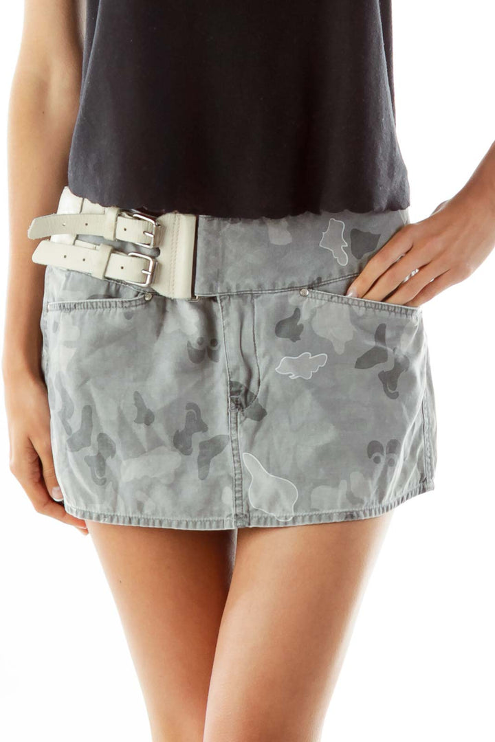 Gray Camouflage Belted Mini Skirt