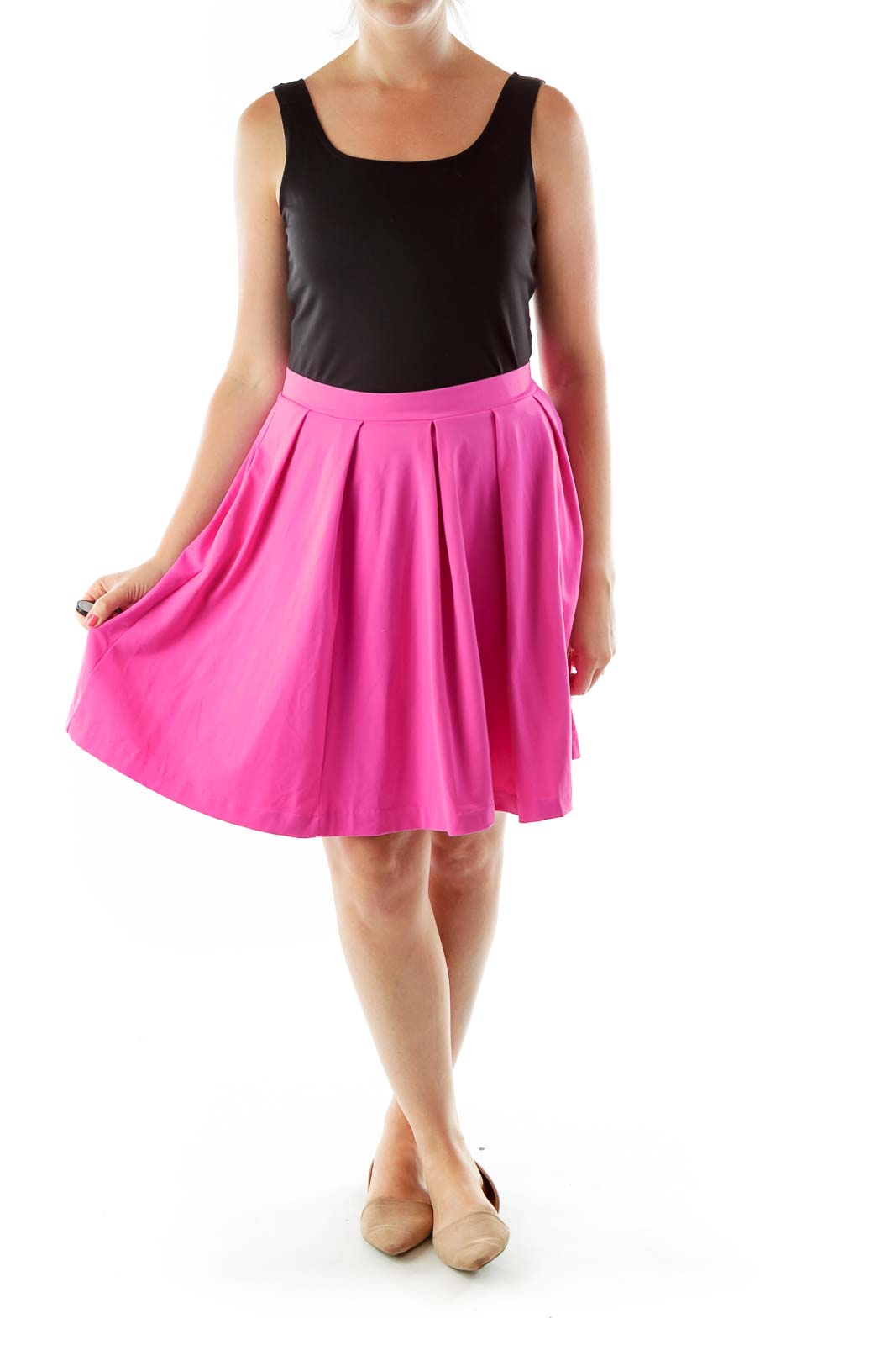 Pink Pleated Flared Skirt