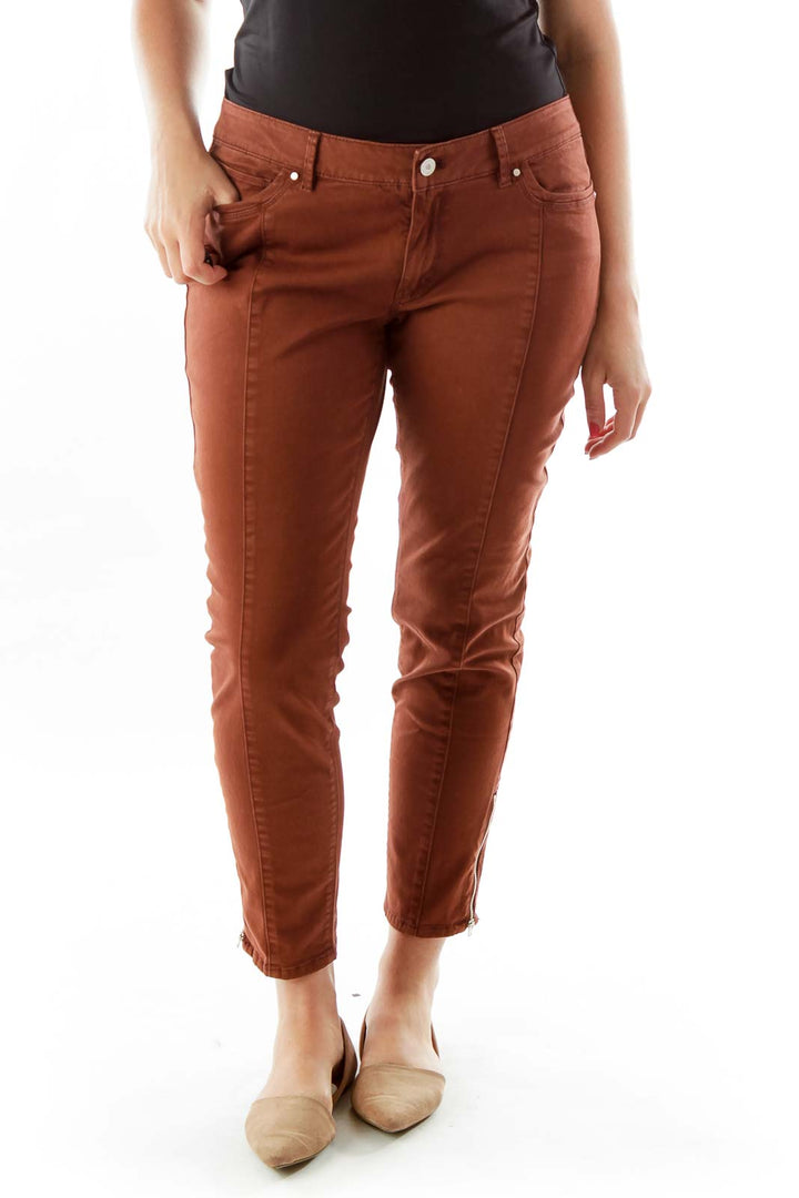 Brown  Bottom-Zippered Skinny Jeans