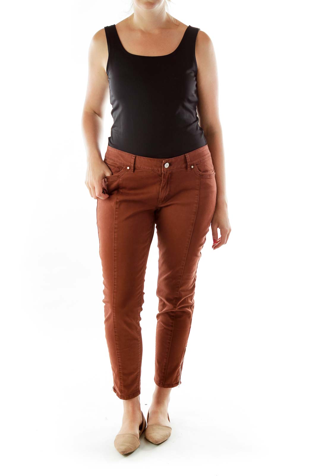 Brown  Bottom-Zippered Skinny Jeans