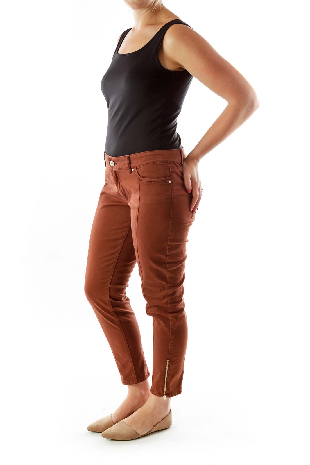 Brown  Bottom-Zippered Skinny Jeans