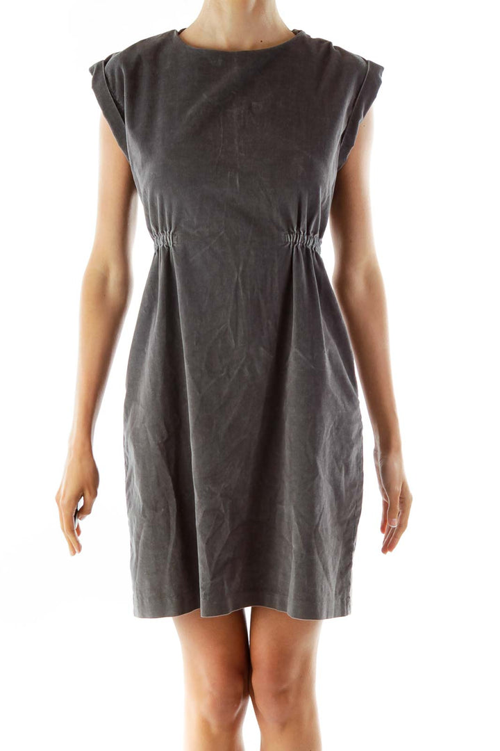 Gray Corduroy Scrunched A-Line Dress