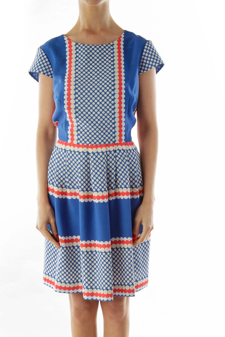 Blue White Pleated Printed Dress