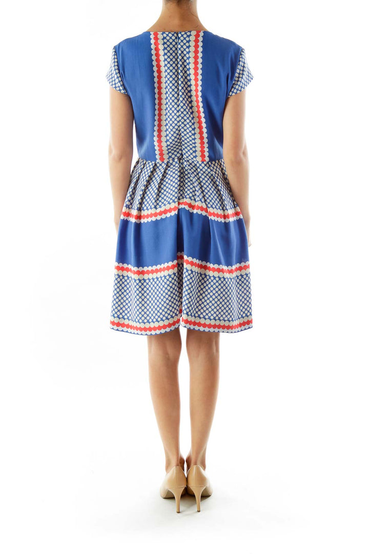 Blue White Pleated Printed Dress