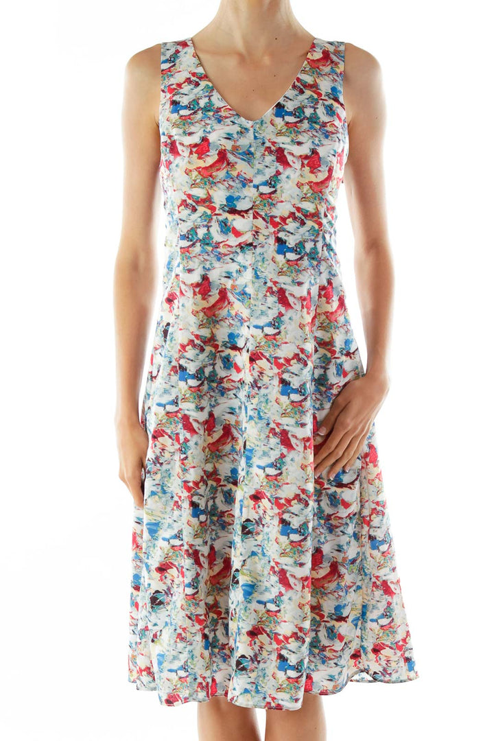 Blue Red Green Print Sleeveless V-neck Day Dress