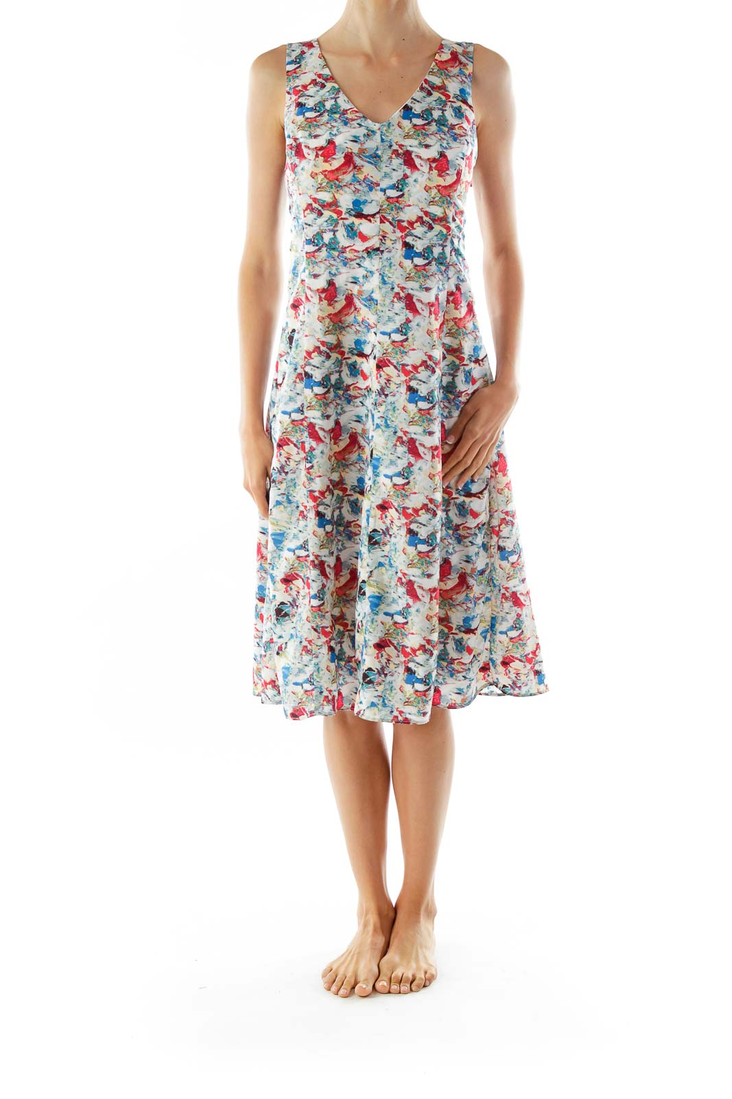 Blue Red Green Print Sleeveless V-neck Day Dress