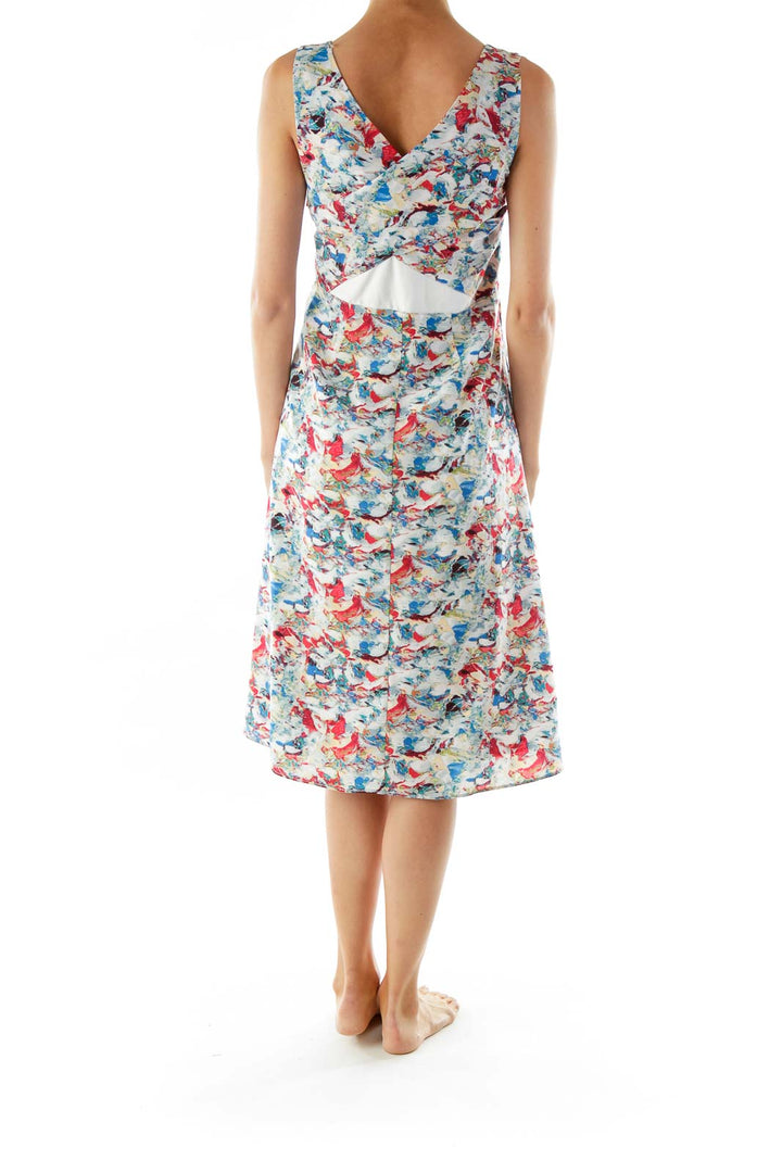 Blue Red Green Print Sleeveless V-neck Day Dress