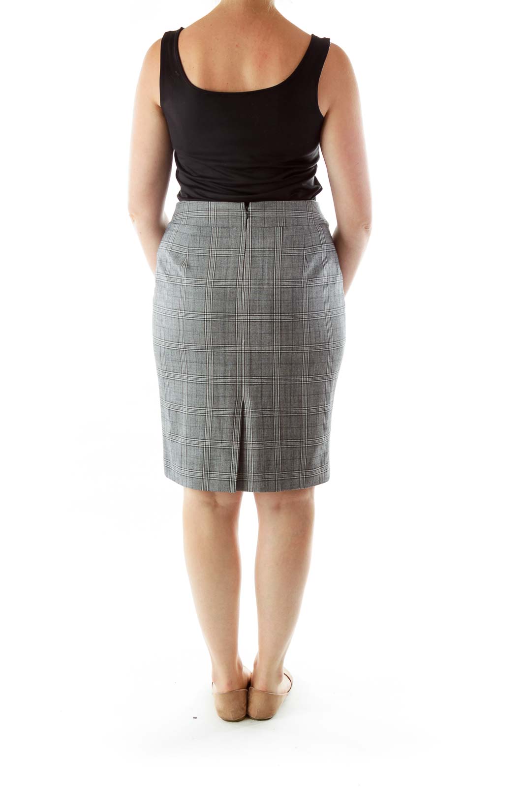 Gray Tartan Wool Pencil Skirt