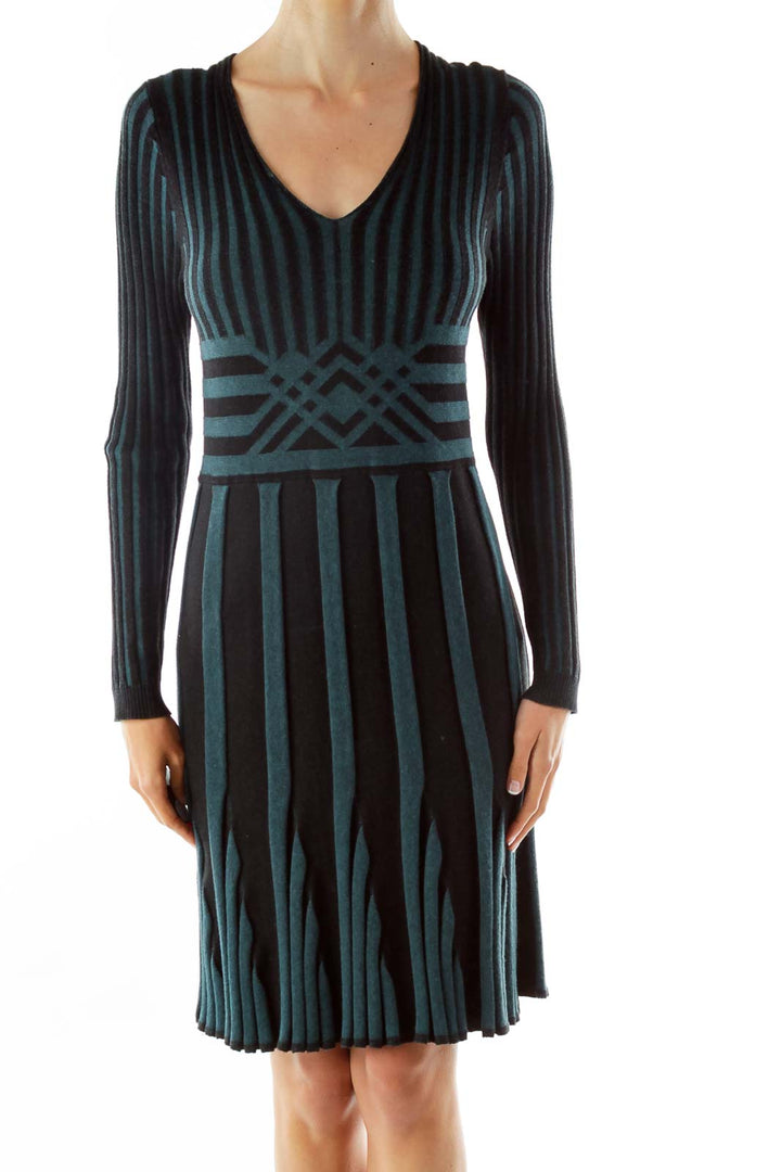 Green Black Textured Striped Day Dress