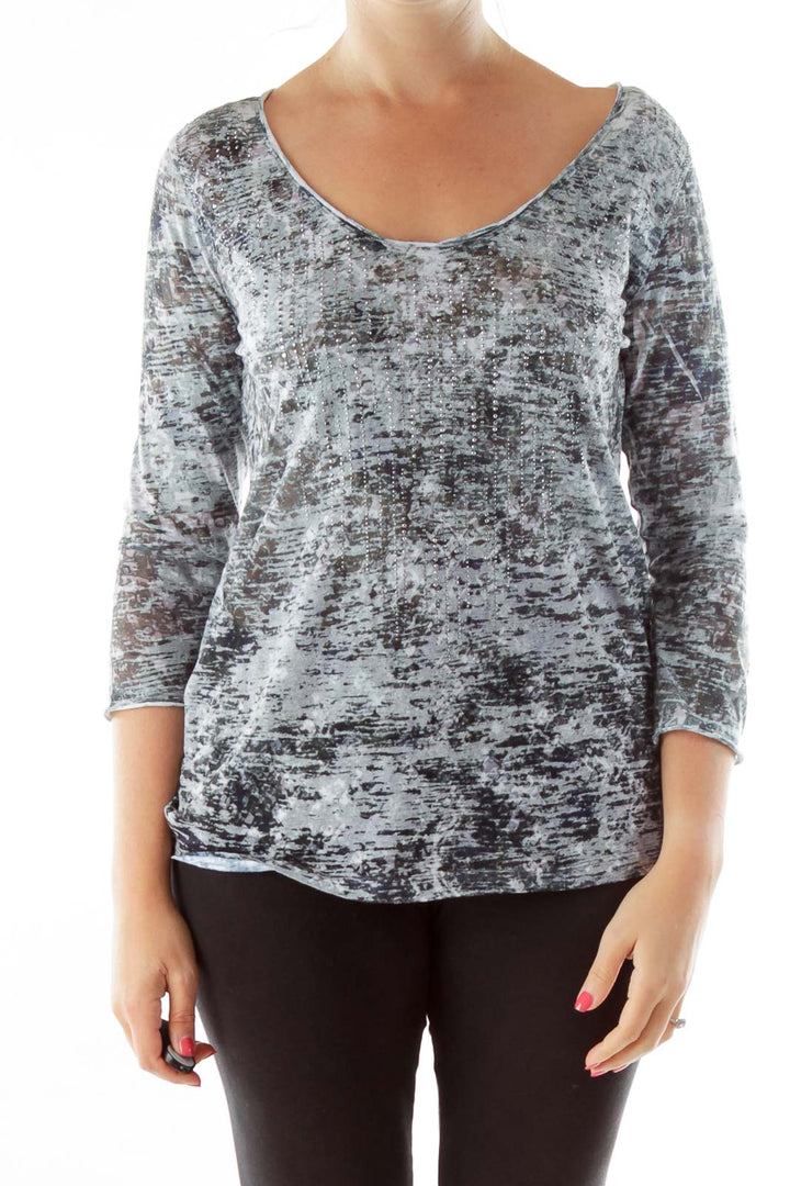 Gray Tie Dye Round Neck Studded Shirt