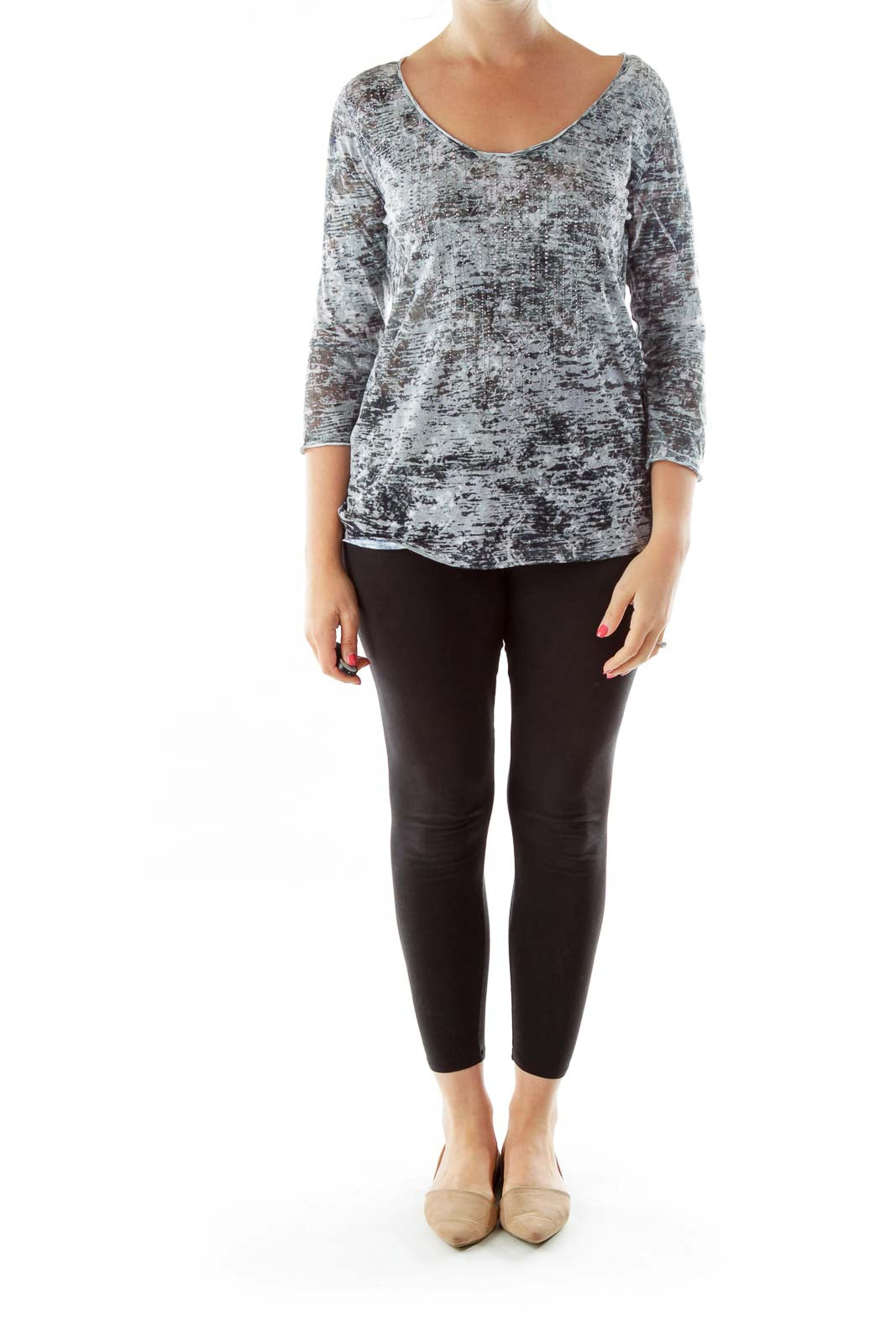 Gray Tie Dye Round Neck Studded Shirt