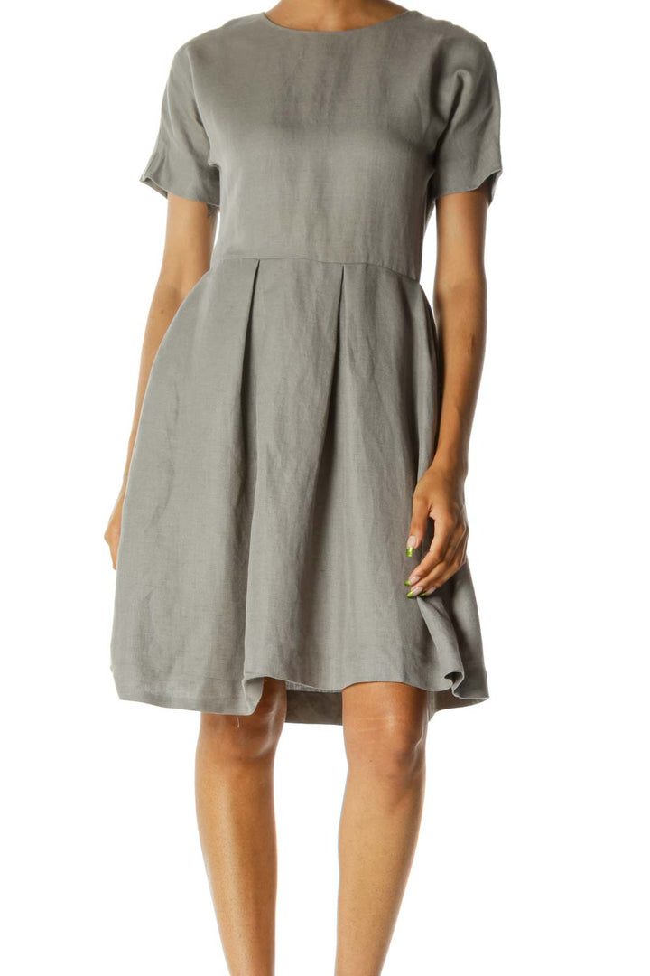 Gray Pleated Day Dress w/ Pockets