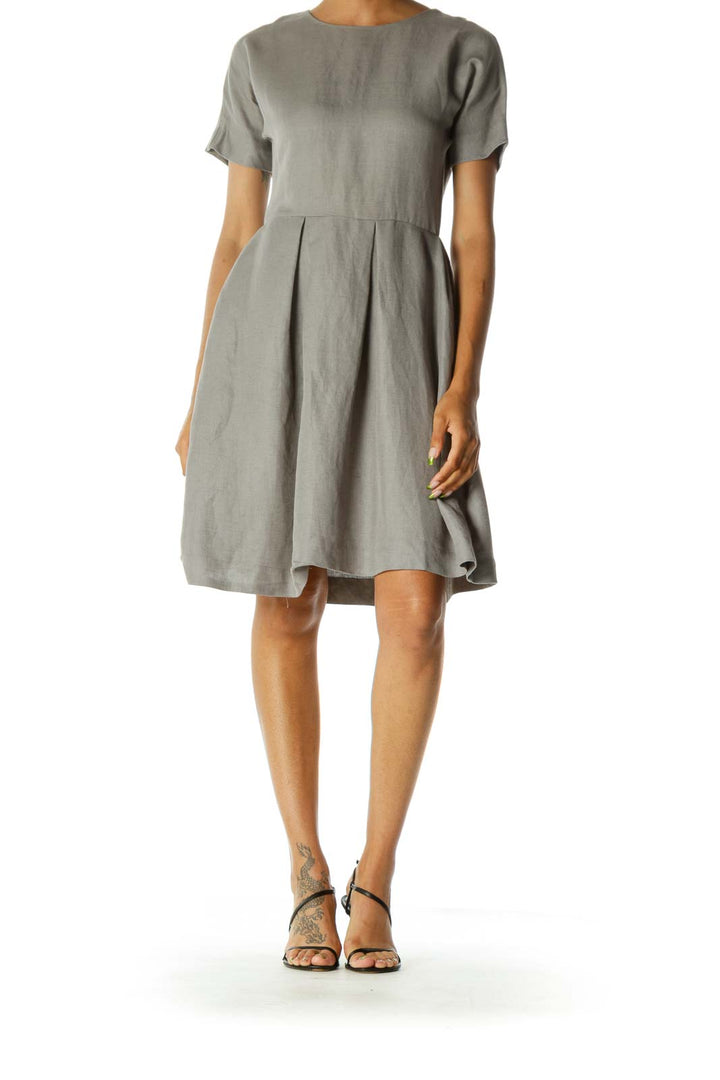 Gray Pleated Day Dress w/ Pockets