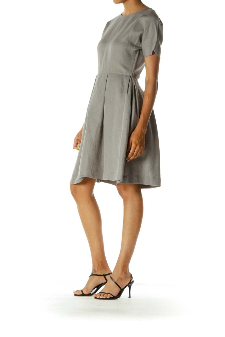 Gray Pleated Day Dress w/ Pockets