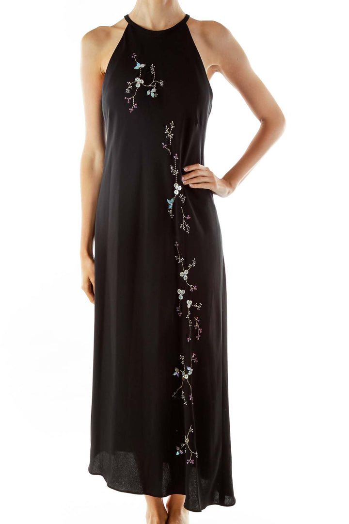 Black Embroidered Slip Evening Dress