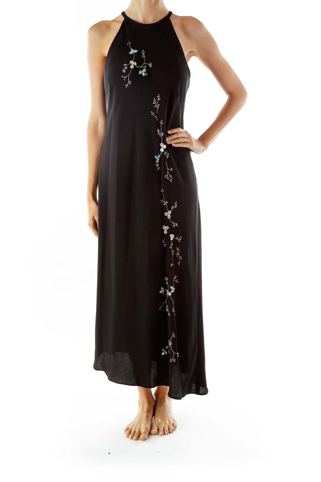 Black Embroidered Slip Evening Dress