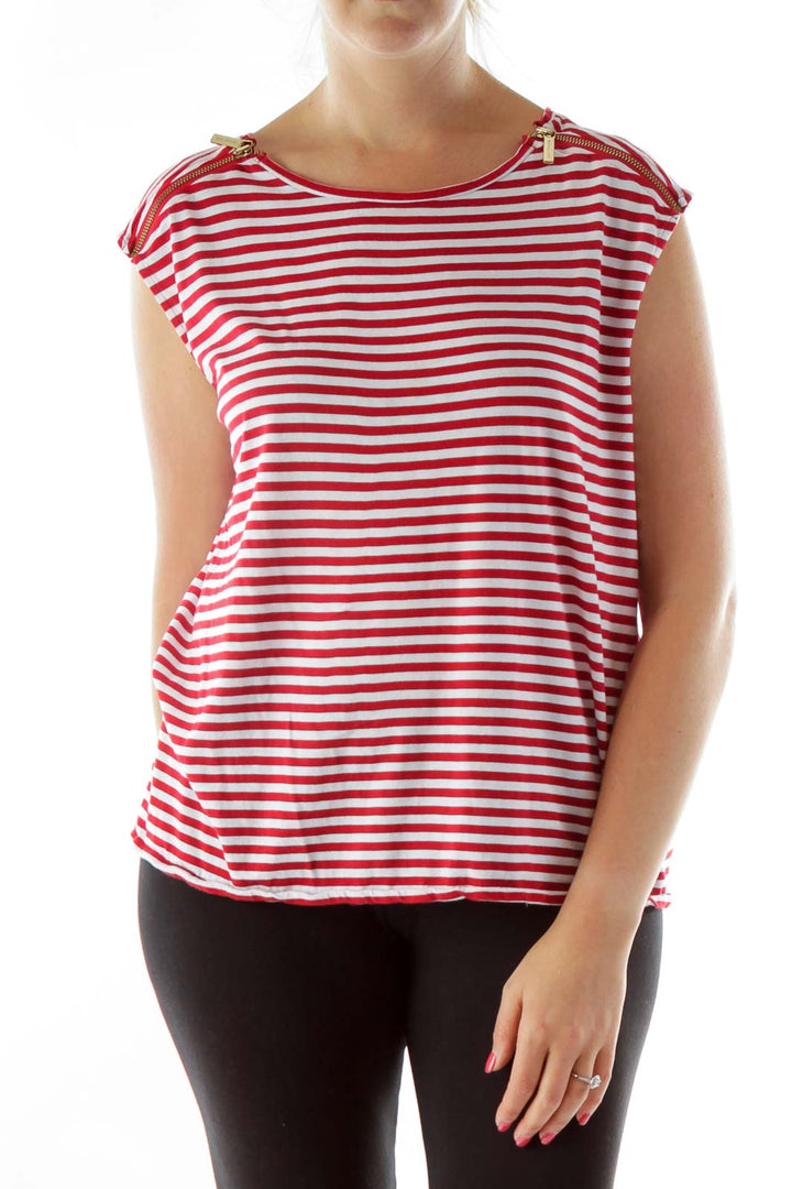 Red White Zippered Striped Loose Top