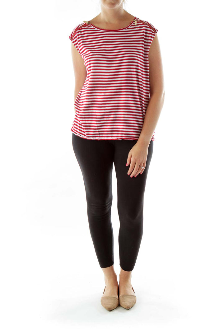 Red White Zippered Striped Loose Top