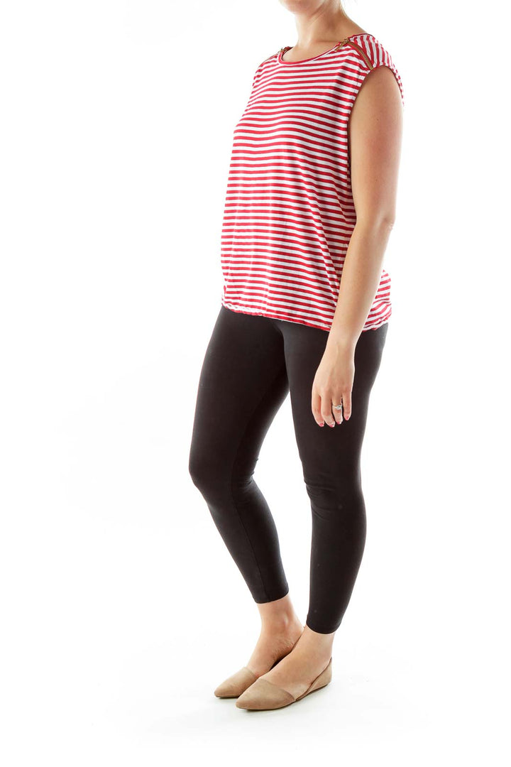 Red White Zippered Striped Loose Top