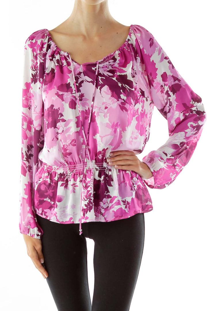 Purple White Scrunched Printed Top