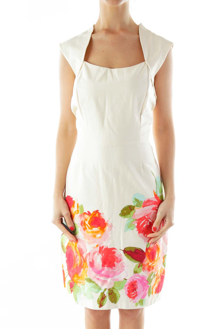 Beige A-Line Day Dress w/ Flowers