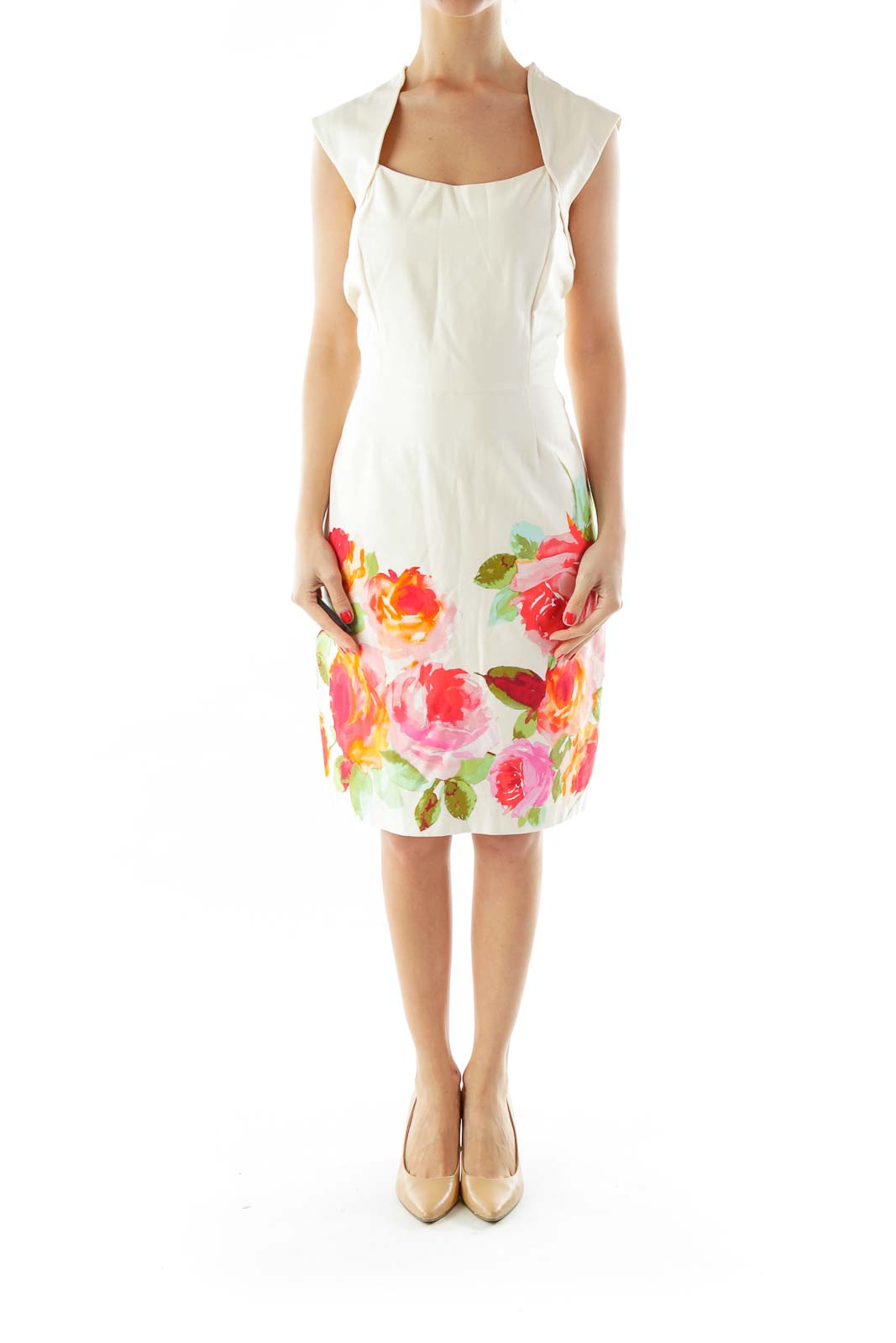 Beige A-Line Day Dress w/ Flowers