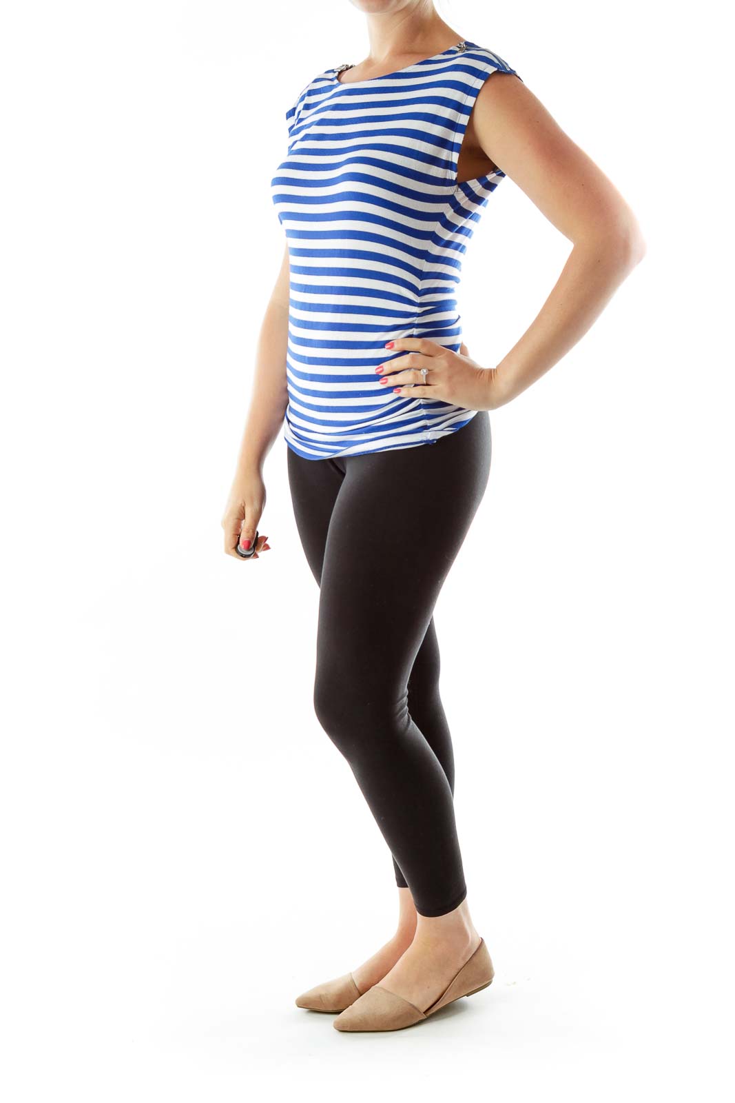 Blue White Striped Zipper Sleeve Top