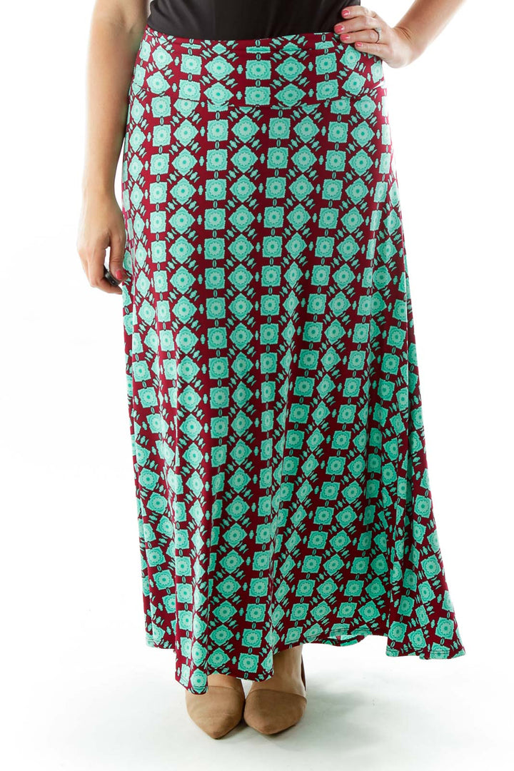 Blue Green Red Purple Print Maxi Skirt