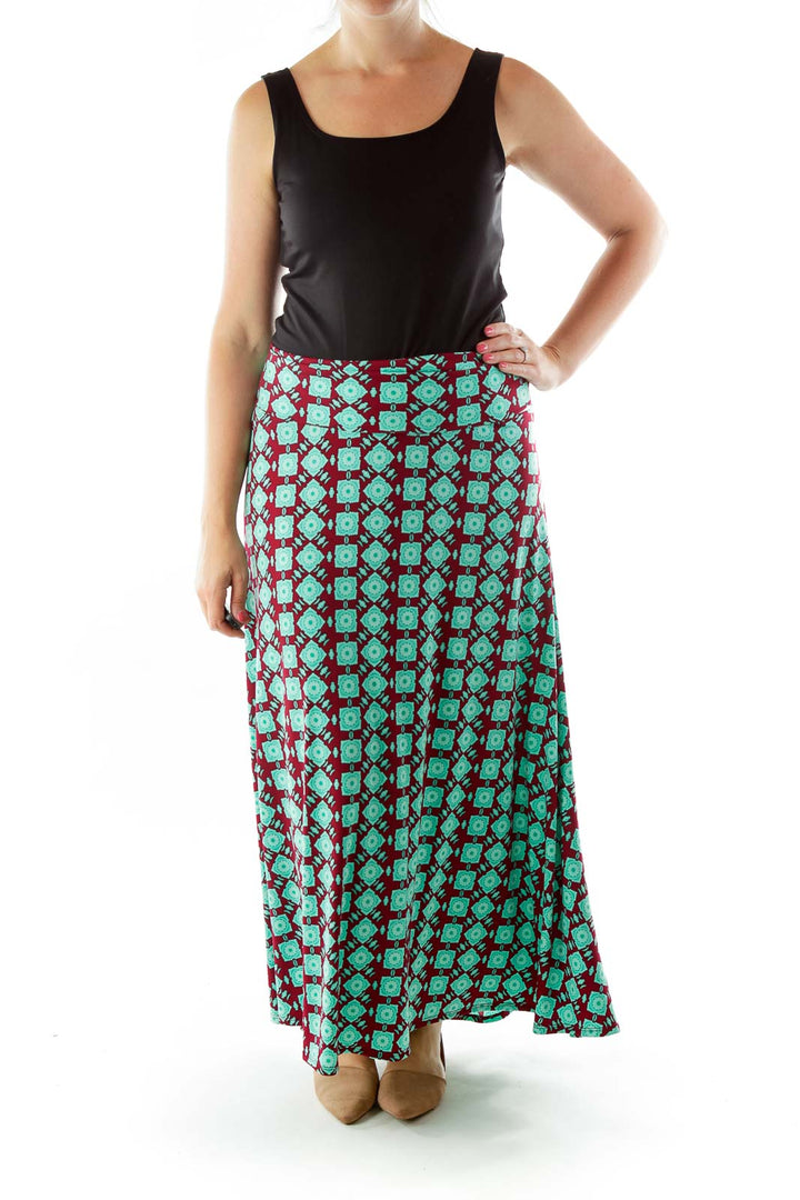 Blue Green Red Purple Print Maxi Skirt