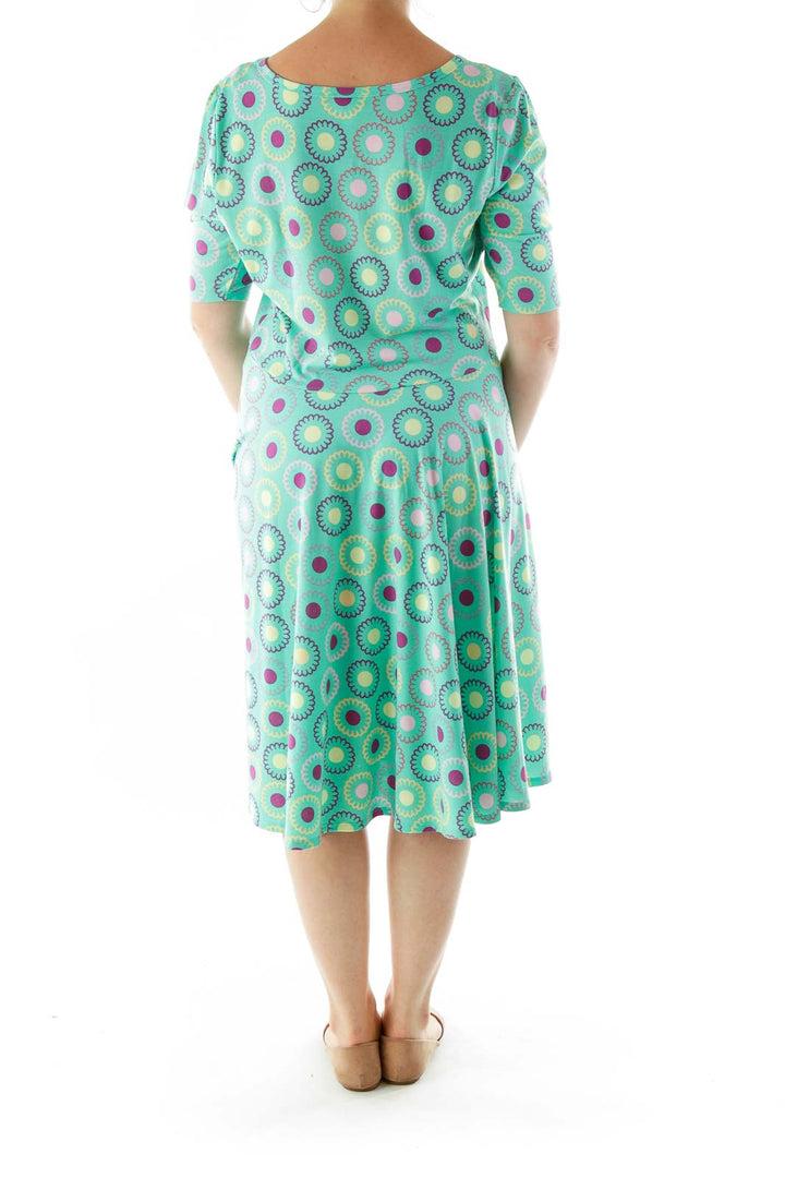 Green Blue Flower Print Day Dress