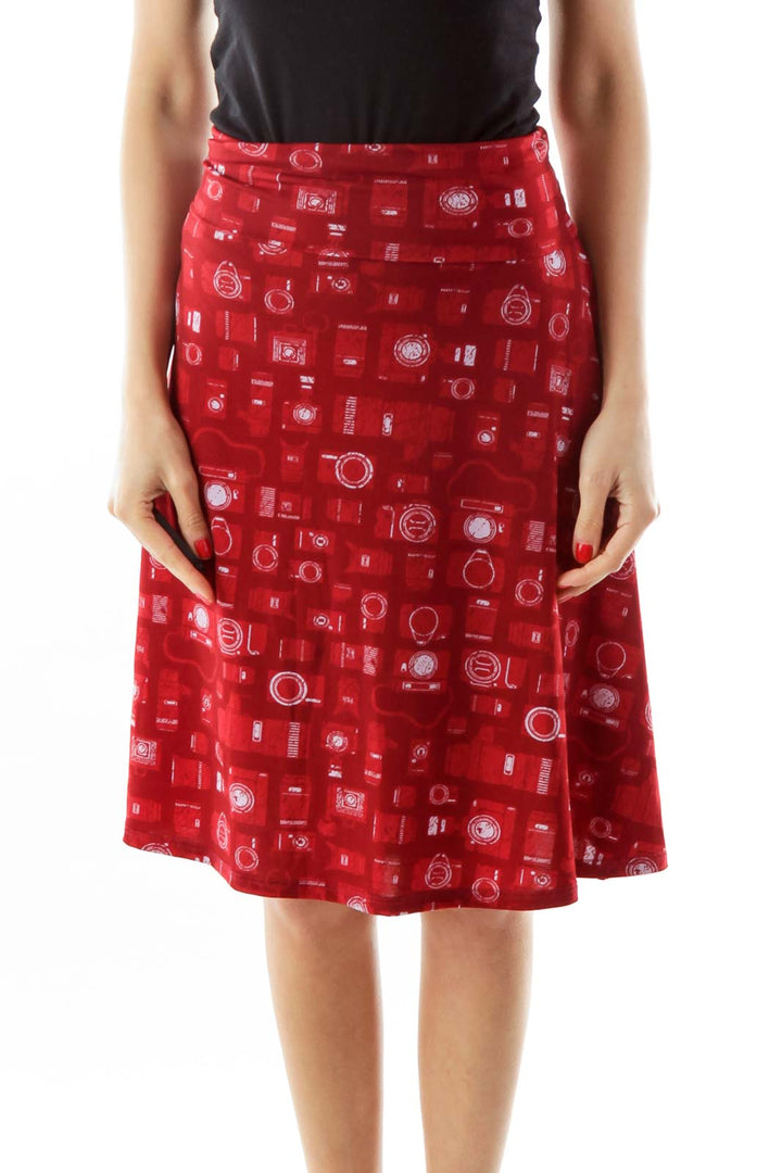 Red Geometric Print A-Line Skirt