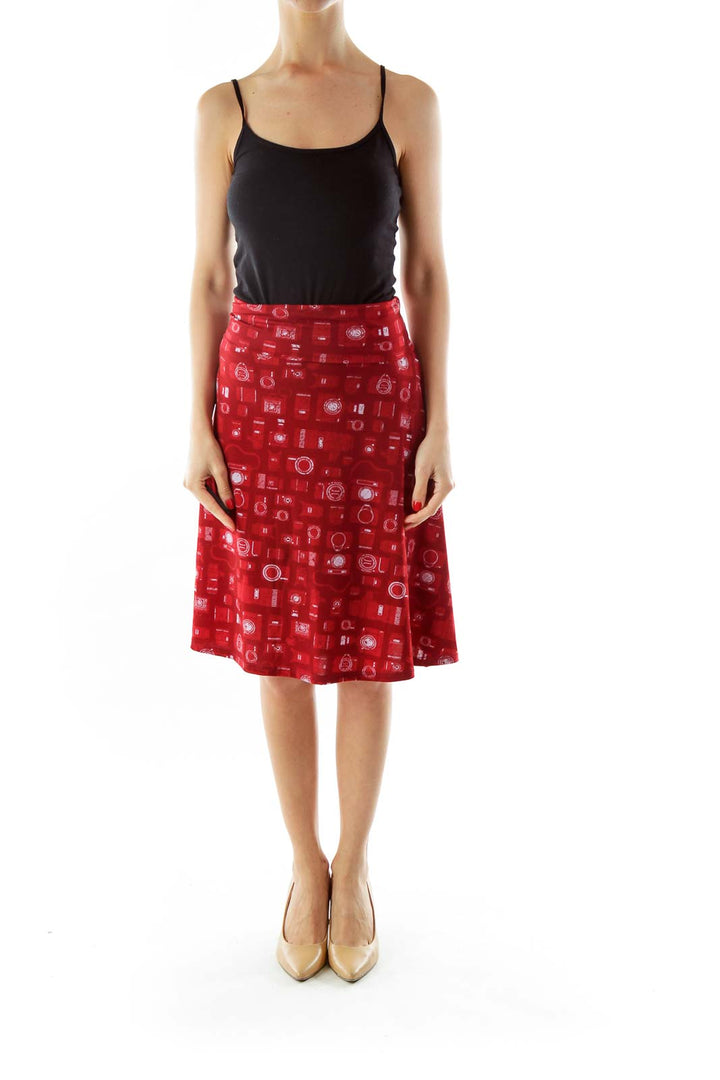 Red Geometric Print A-Line Skirt