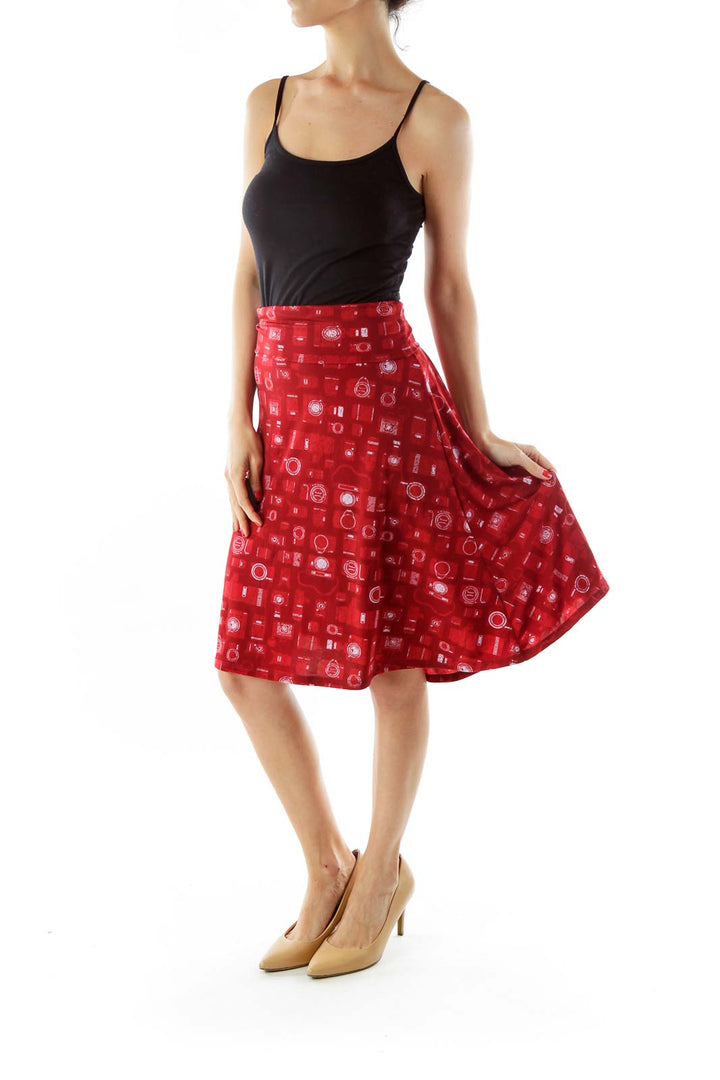 Red Geometric Print A-Line Skirt