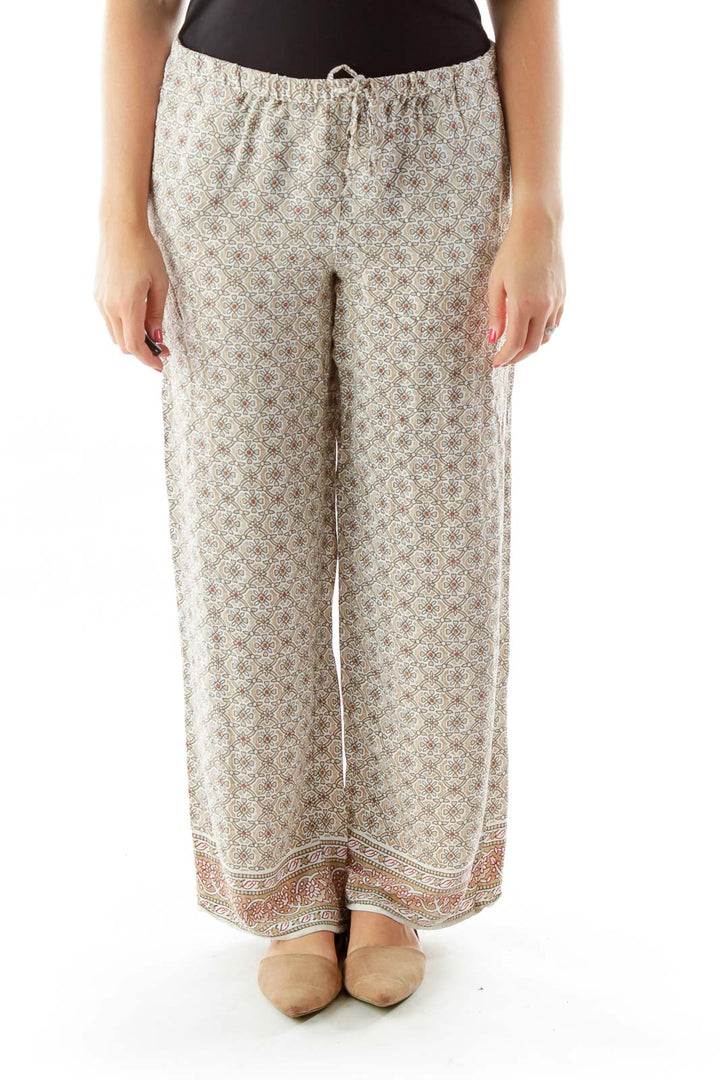 Beige Print Wide Leg Pants