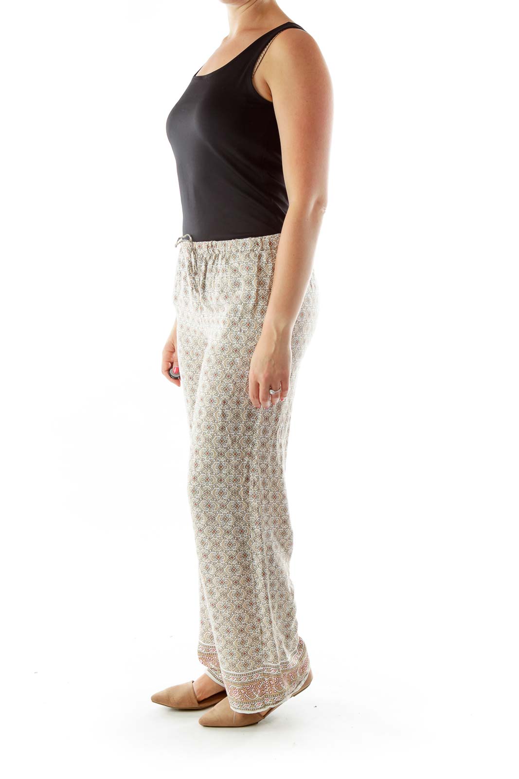 Beige Print Wide Leg Pants