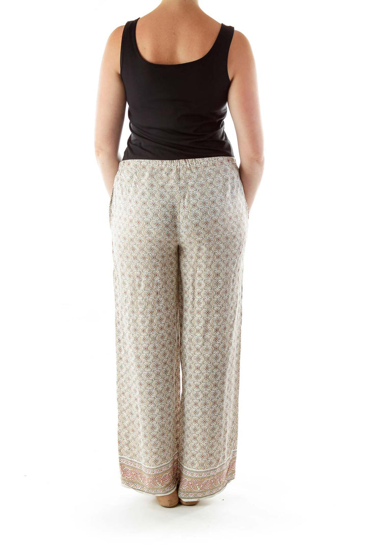 Beige Print Wide Leg Pants