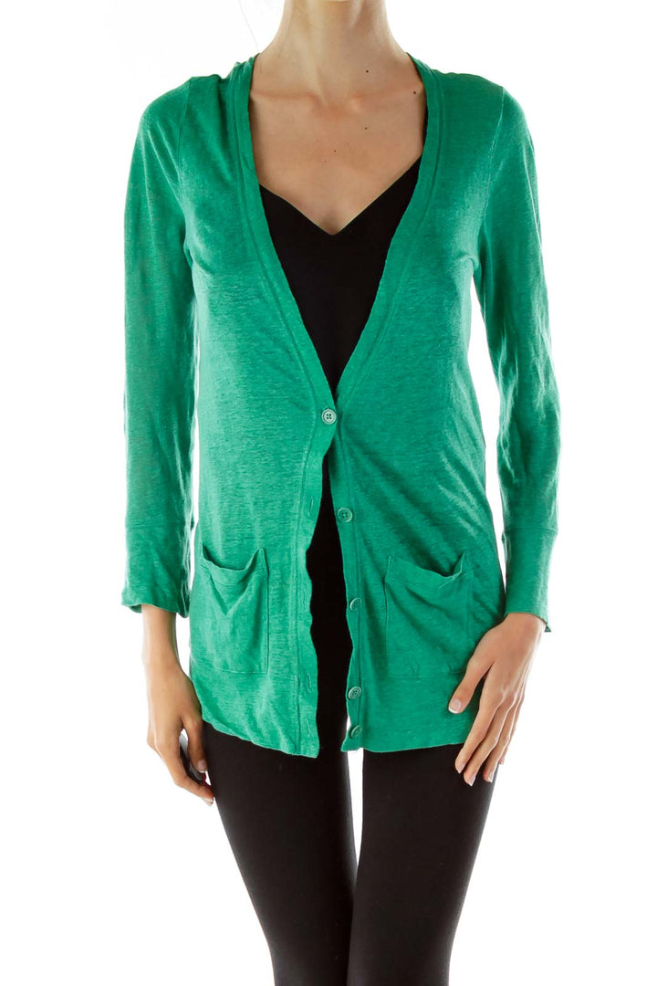 Green Pocketed Buttoned Jacket