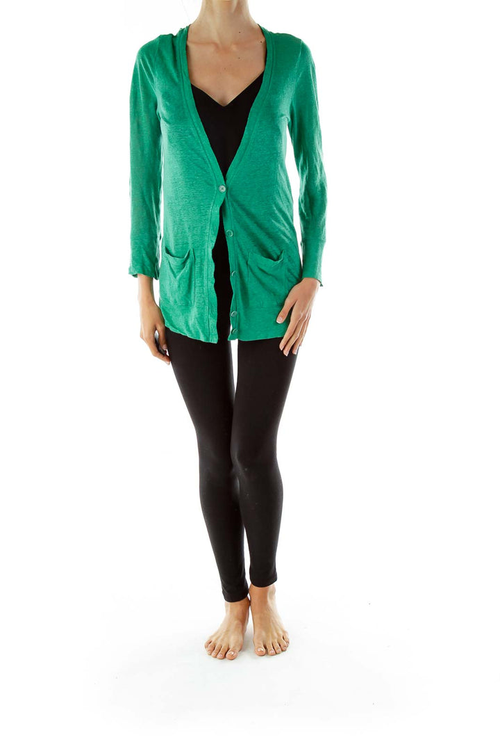 Green Pocketed Buttoned Jacket