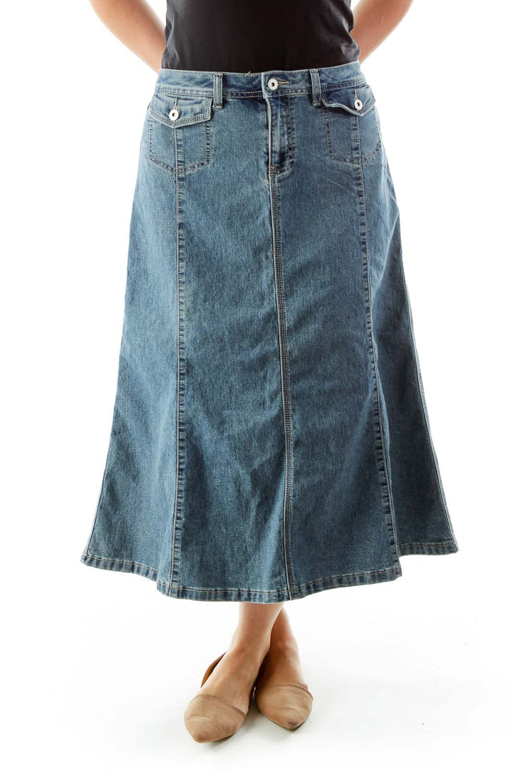 Blue Pocketed Shift Denim Skirt