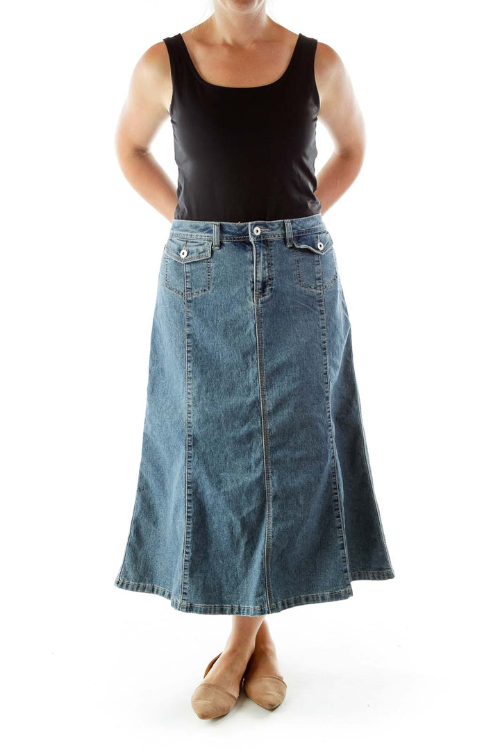 Blue Pocketed Shift Denim Skirt