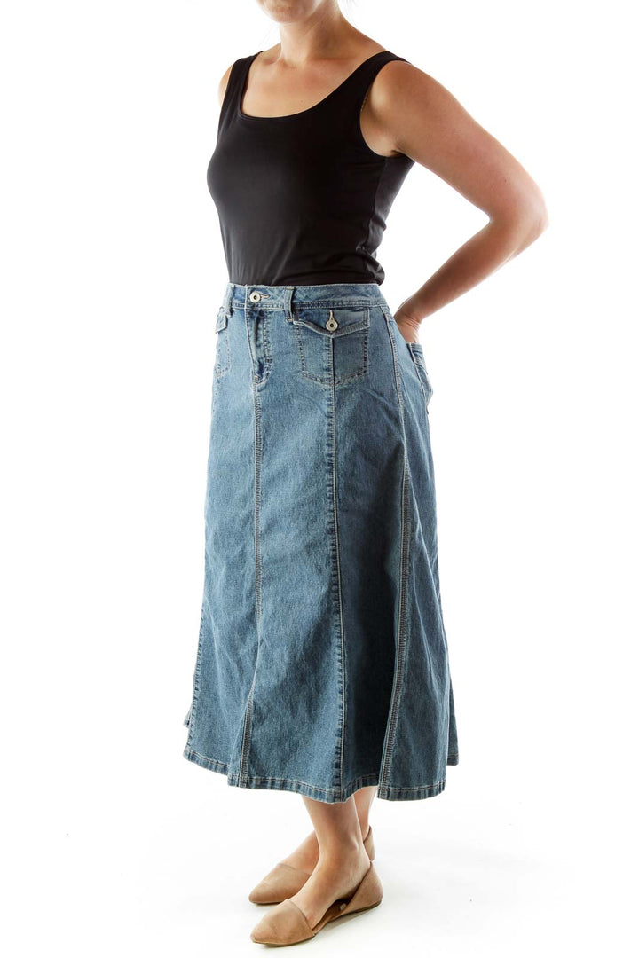 Blue Pocketed Shift Denim Skirt