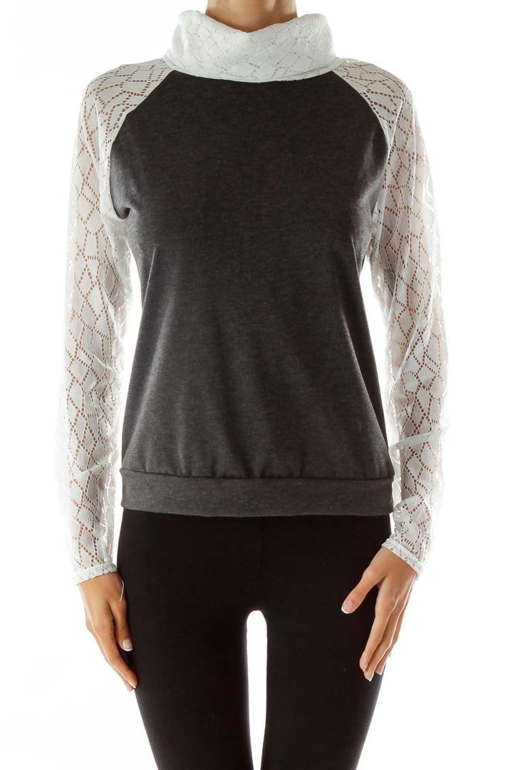 Gray Top with White Lacey Turtle-Neck