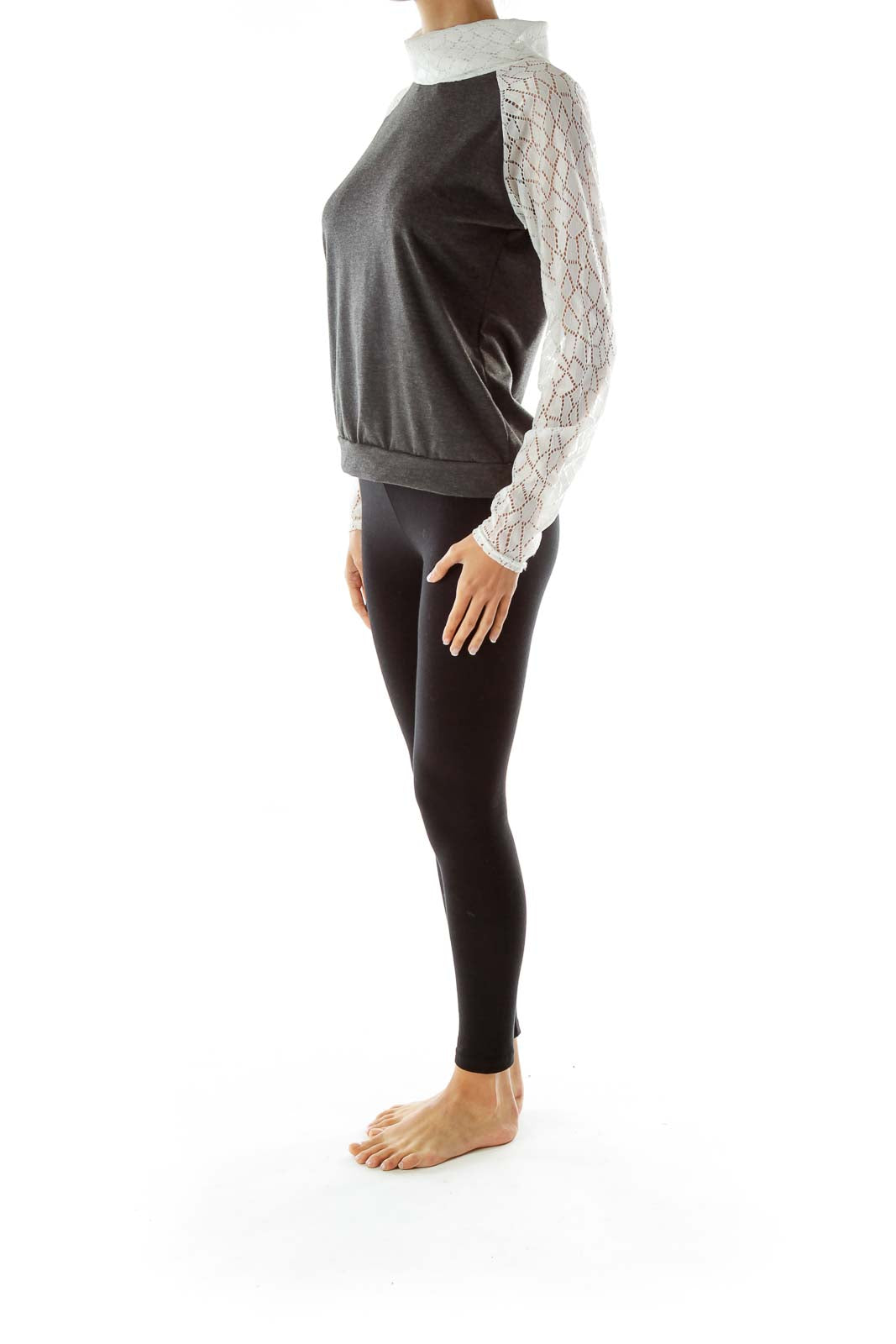 Gray Top with White Lacey Turtle-Neck