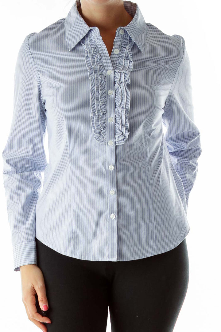 Blue White Striped Ruffled Shirt