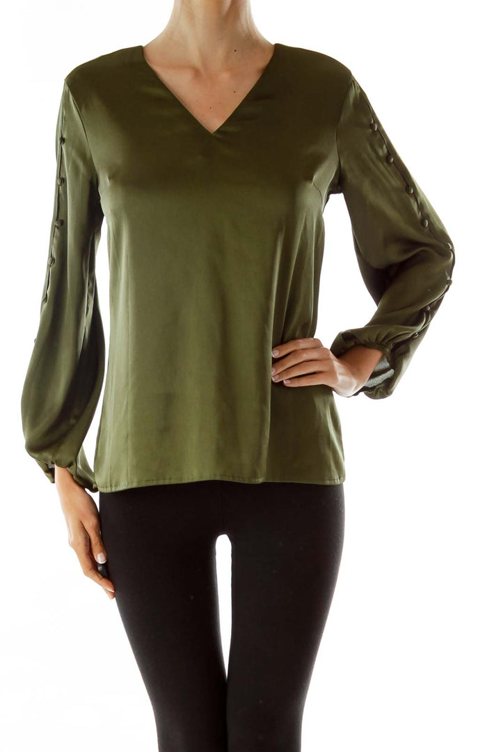 Green Faux-Satin Blouse w/ Buttoned Sleeves