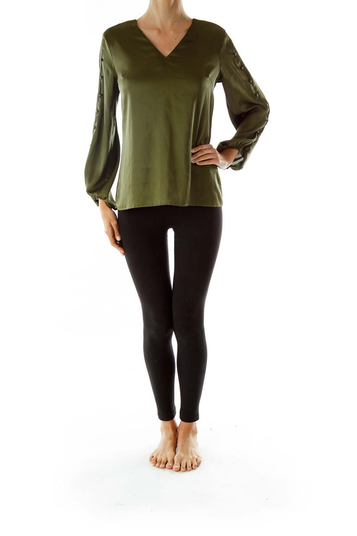 Green Faux-Satin Blouse w/ Buttoned Sleeves