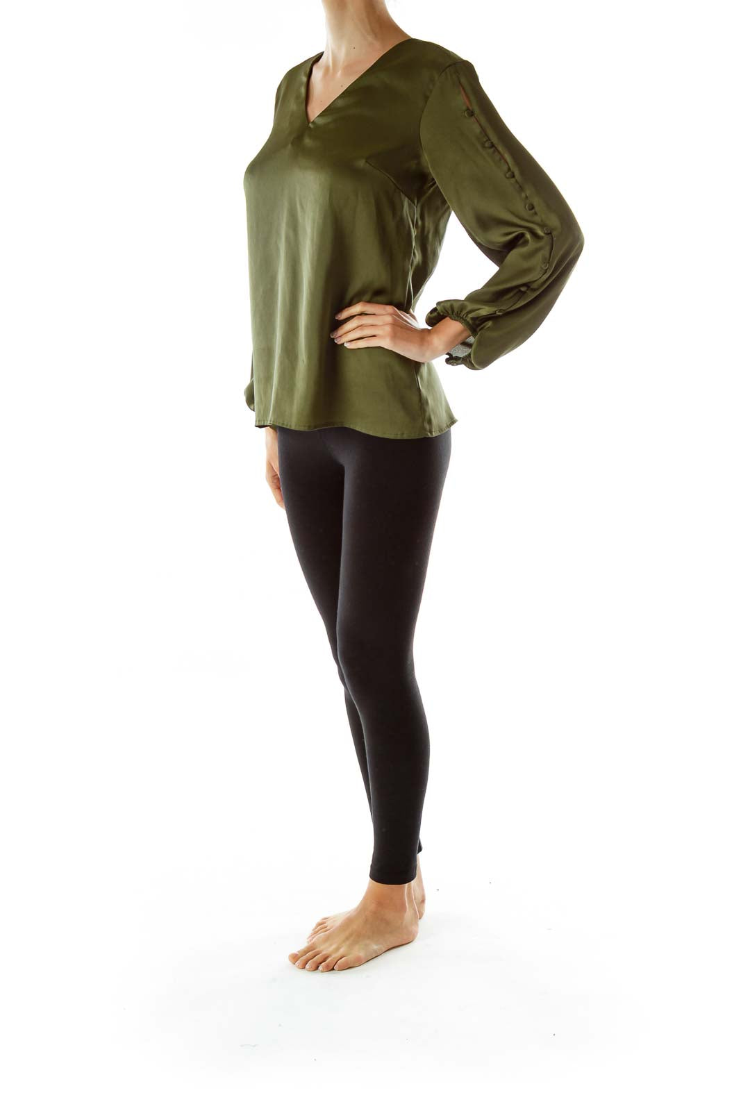 Green Faux-Satin Blouse w/ Buttoned Sleeves