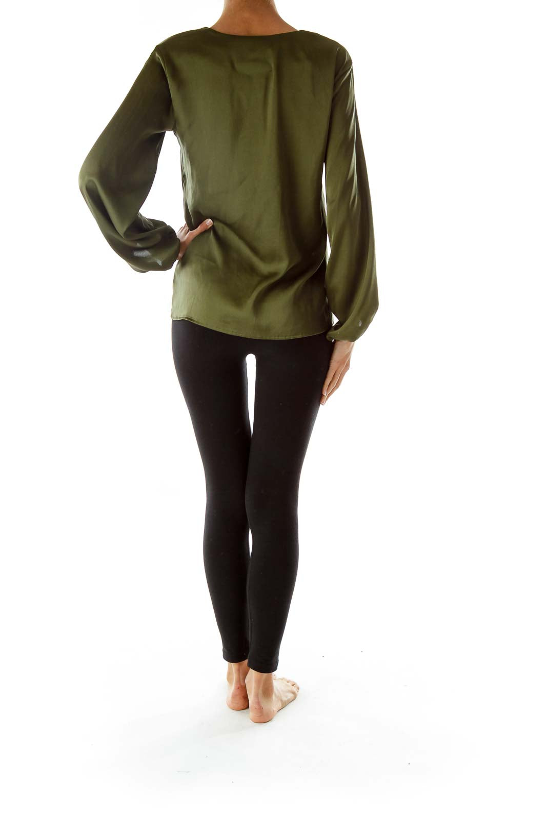 Green Faux-Satin Blouse w/ Buttoned Sleeves