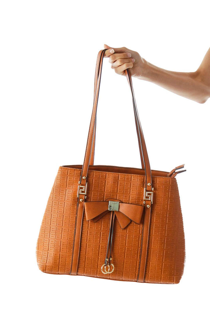 Brown Embossed Shoulder Bag w/ Bow